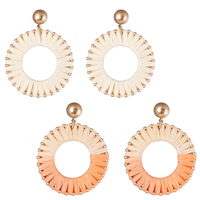 2 pares de pendientes de aro con borla de rafia hechos a mano, joyería llamativa de moda para mujeres y niñas