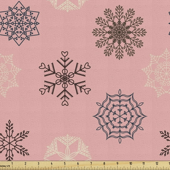 Winter Fabric by the Yard Upholstery, Snowflakes in Various Details and Designs Pastel Toned Repetition, Decorative Fabric for DIY and Home Accents, Pale Pink and Dark Cocoa by Ambesonne