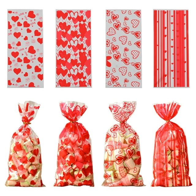 Nvzi 150 bolsas de celofán para caramelos navideños, bolsas de celofán para golosinas navideñas con lazos para recuerdos de fiestas navideñas, cuatro estilos de cabello mezclados E
