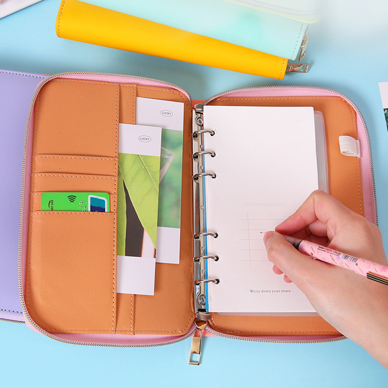 Refillable PU Leather 6-Ring Binder Cover with Zippered Closure, Card Pocket & Elastic Pen Slot