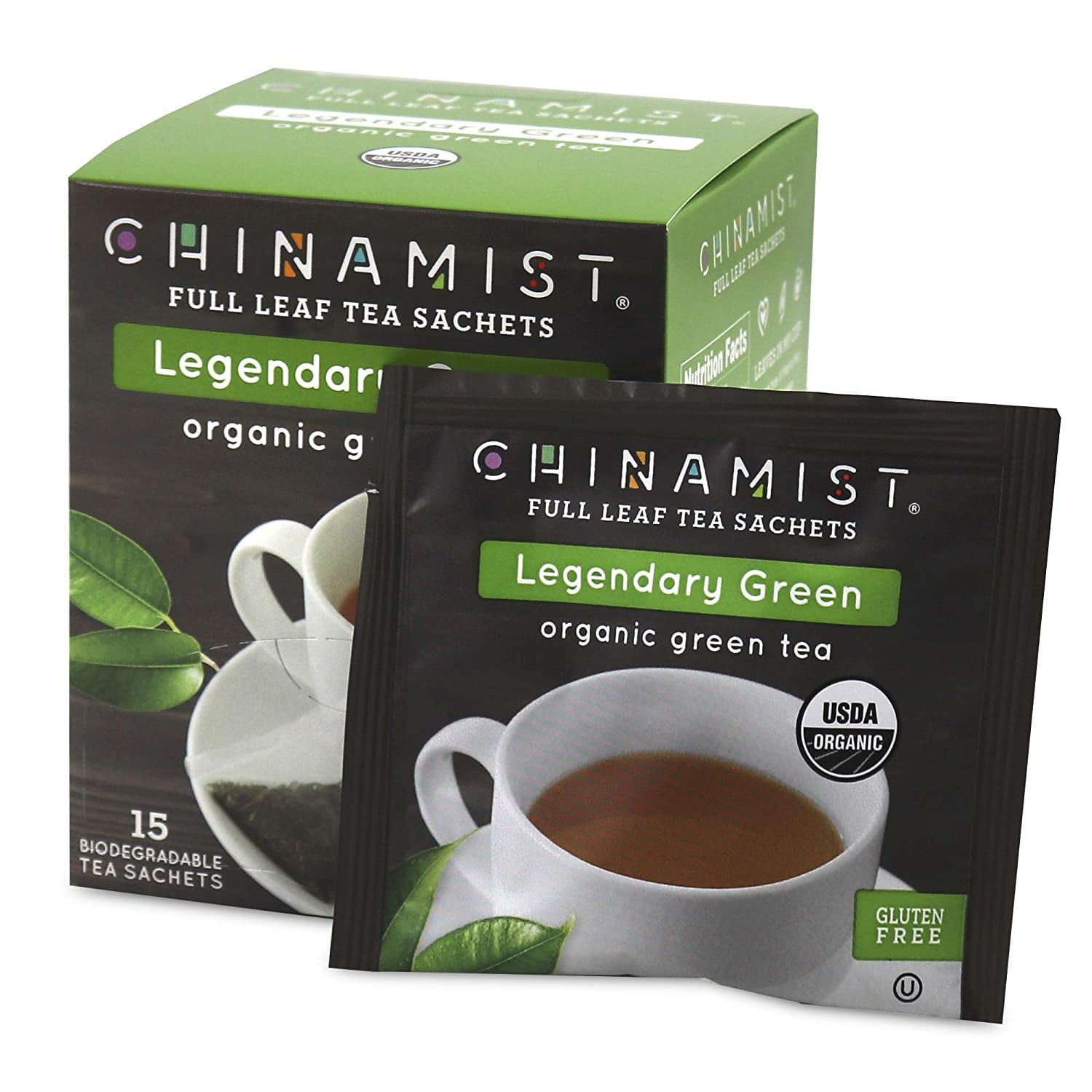 China Mist - Legendary Green Organic Full Leaf Tea Sachet, 2 boxes 15 count each - Biodegradable and Individually Wrapped