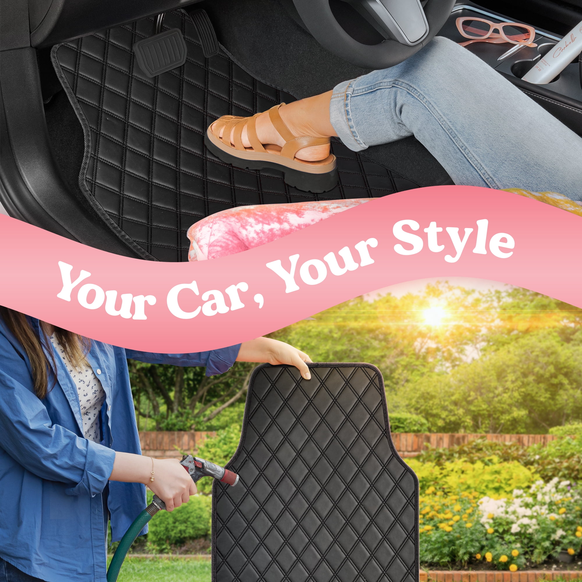 Carbella DiamondLuxe Car Floor Mats, Stylish Faux Leather Car Mats with Diamond Stitched Detail and Matching Taping, Universally Sized All-Weather Floor Mats for Cars Trucks SUV, Full (Black)