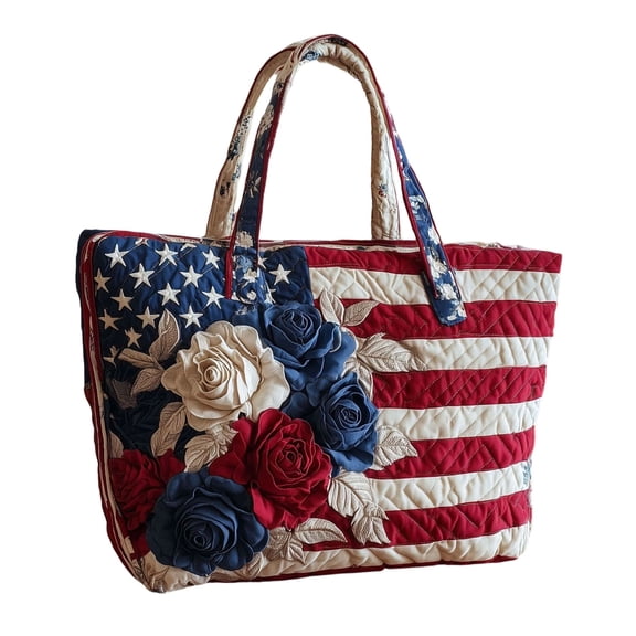4th of July American Flag Rose Tote Bag Patriotic Stripe Star Quilted Hand Bag Canvas Shoulder Bag for Women