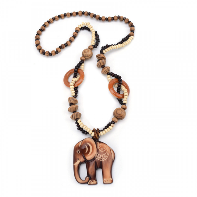Collar con colgante de elefante de madera, joyería Bohemia, cuentas largas hechas a mano de estilo étnico, collar con colgante de elefante de madera