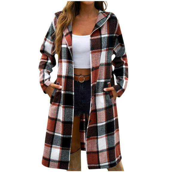 KIHOUT Women Plaid Shacket Jacket Trendy Fall Casual Button Wool Blend Tartan Trench Coat Winter Clothing with Pockets