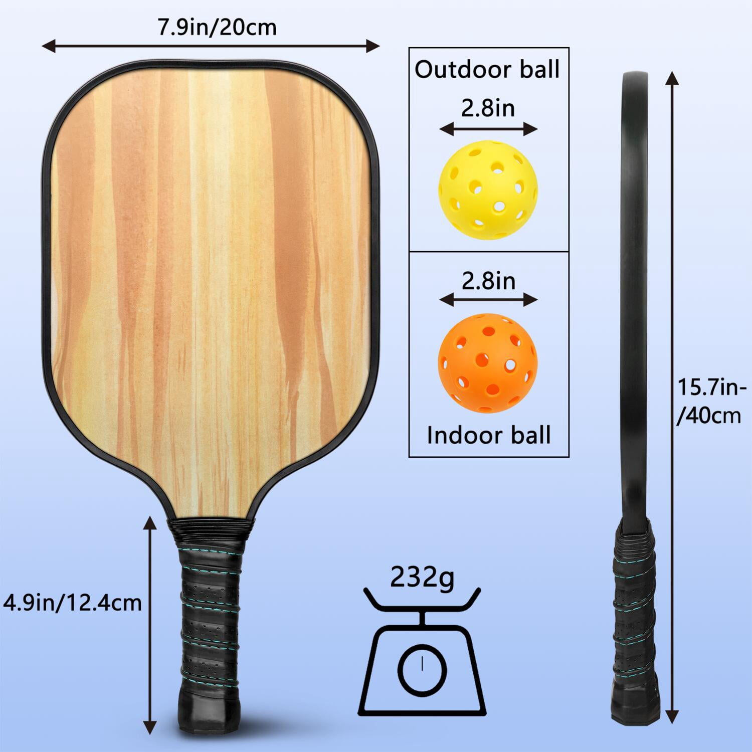 Pickleball Paddles Set Of 1, Fiberglass Surface, Wood Grain Print, 1 Paddle, 2 Balls & Bag