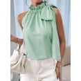 thumbnail image 4 of Women's Sleeveless Striped Ruffle Tank Tops High Necked Tie Top Blouse for Daily Wear Light Green L, 4 of 10