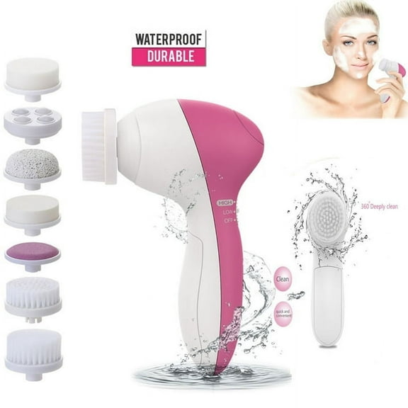 Facial Cleansing Brush Face Scrubber, 7 in 1 Facial Cleansing Spin Brush Set, Deep Cleansing, Gentle Exfoliating, Removing Blackheads, Massaging, Face and Body, Rose Red
