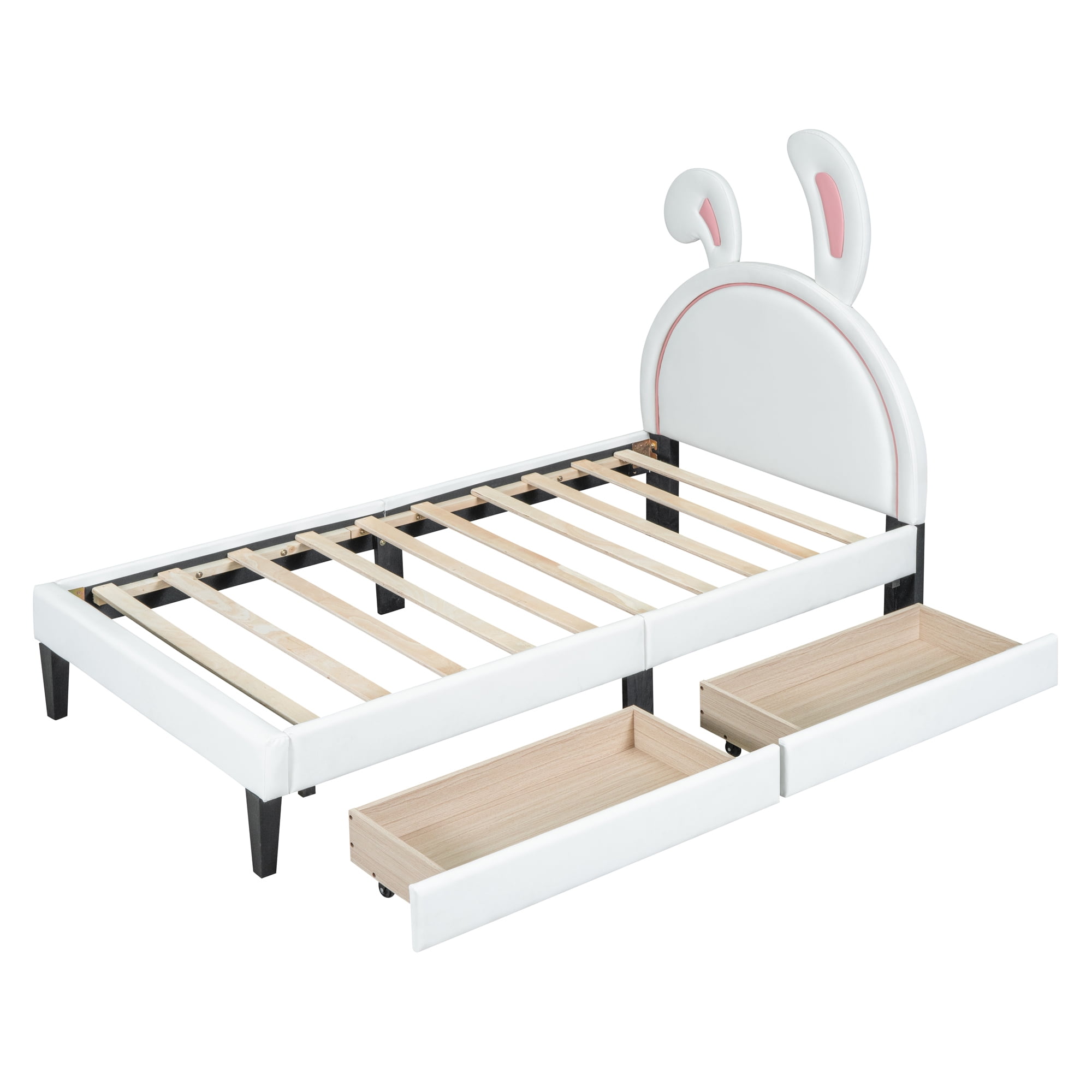 Leumius Twin Size Upholstered Platform Bed with 4 Drawers & Rabbit Ornament Headboard,PU Leather Bed Frame for Boys and Girls,White