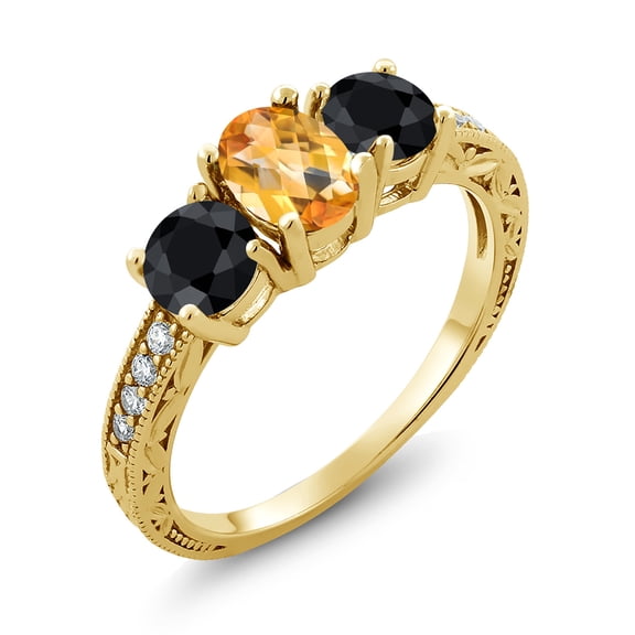 Gem Stone King 2.23 Ct Oval Checkerboard Yellow Citrine Black Sapphire 18K Yellow Gold Plated Silver Moissanite Ring (Size 6)