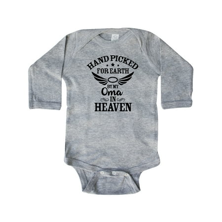 

Inktastic Handpicked for Earth By My Oma in Heaven with Angel Wings Gift Baby Boy or Baby Girl Long Sleeve Bodysuit