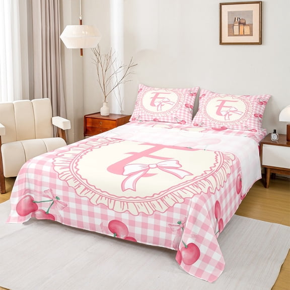 Homewish Western Princess Bowknot Twin Sheet Sets, Kawaii Pink Monogrammed E Twin Fitted Sheet, Cartoon Cute Cherry Flat Sheet, Lightweight Room Decor, 3-Piece
