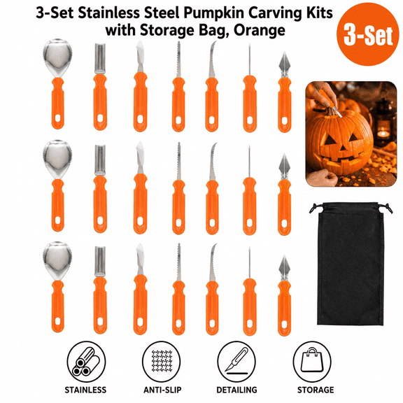 3-Set Stainless Steel Pumpkin Carving Kits with Storage Bag, Orange