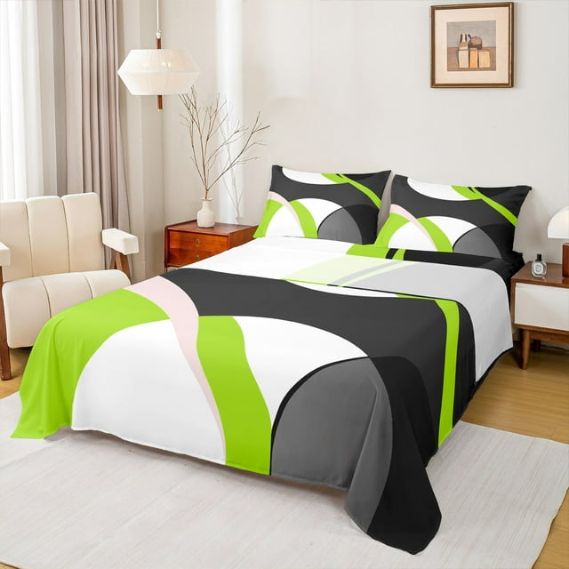 Erosebridal Abstract Geometry Round Sheet Set Twin,Green Black Aesthetic Art Bedding Sets Twin Size,Geometric Pattern Twin Sheet Sets,Microfiber Room Decoration,3pcs