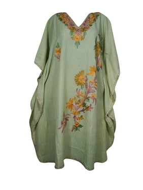 Mogul Women Light Green Floral Embroidery Caftan Dress V-Neck Kimono Resort Wear Mid Length Cover Up Kaftan Dresses 2XL