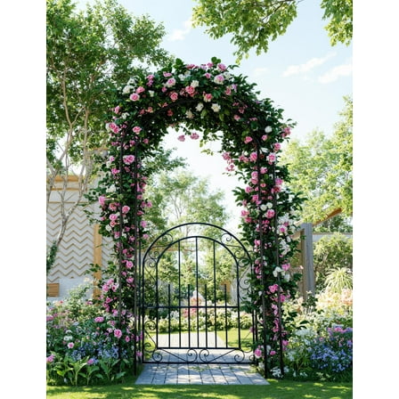 Riedhoff 7 ft Tall Steel Garden Archway With Single Gate- Metal Arbor with Stakes for Weddings