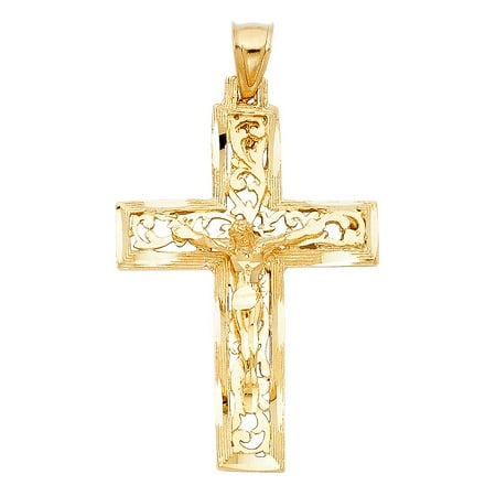 40mm Pendant Bead - Center Lace Crucifix Real 14k Yellow Gold Cross Jesus Christ Charm 40mm x 28mm Bright Polish Religious Pendant