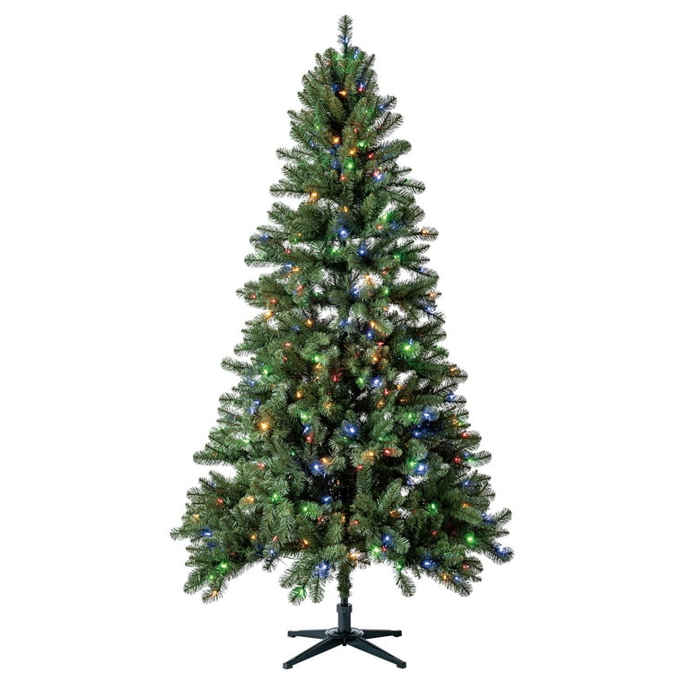 7' Pre-Lit Duncan Fir Green Artificial Christmas Tree with Color-Changing LED Lights and Quick Set, by Holiday Time