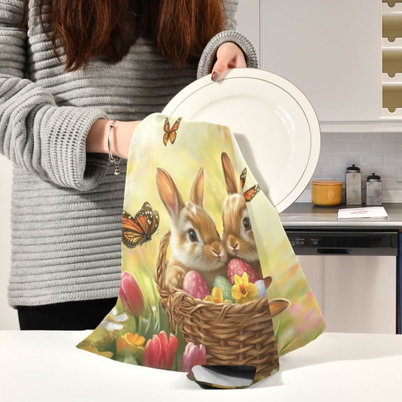 BZSMCE Kitchen Towels Creative Brown Rabbit on Basket Pattern Durable Kitchen Towel