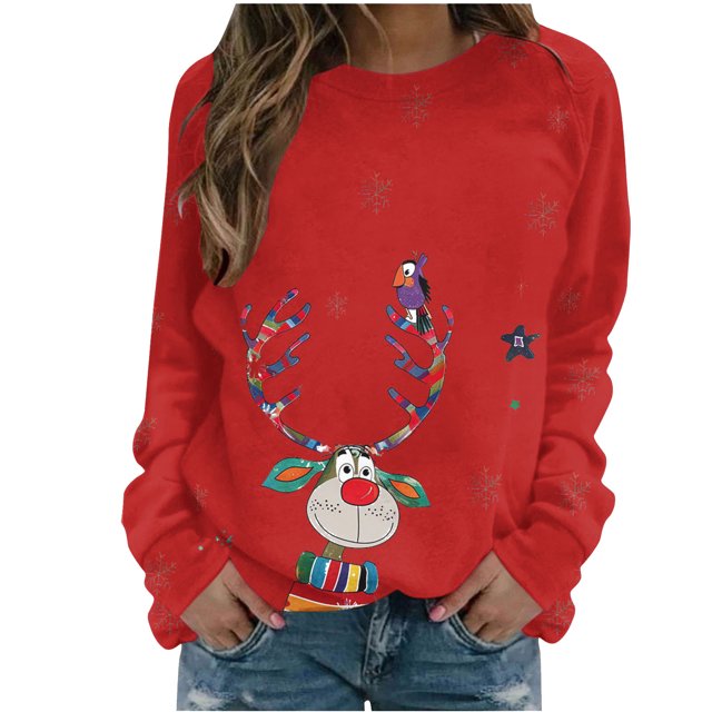 Funicet Chandails en Molleton de Noël pour Femmes, Hauts à Manches Longues pour Femmes, Mode de Noël Décontractée Imprimé Col Rond Ample Long Sans Capuche, Hauts de Noël pour Femmes, Hauts à Manches Longues pour Femmes