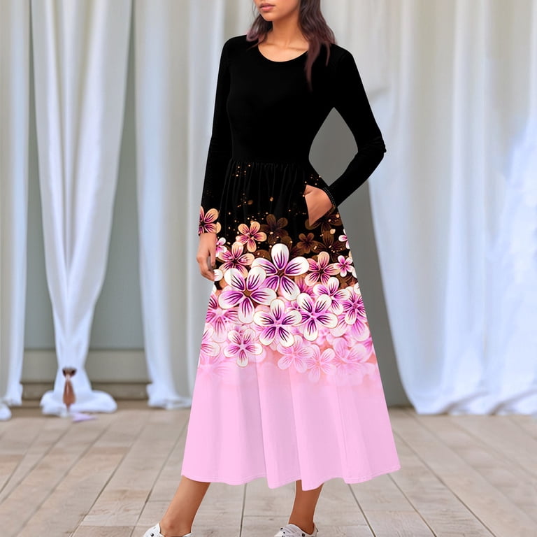 FrzhBrz Women's Floral Maxi Dresses Long Sleeve Plain Casual Oversized Maxi  Long Dress Summer Dress - Walmart.com