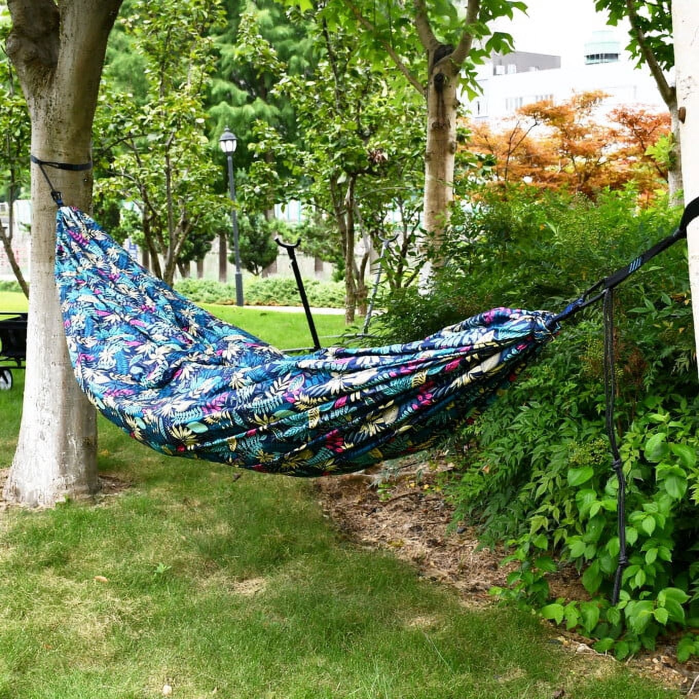 Vebreda Nylon Portable Camping Hammock, Two Person Blue Leaf Print, Assembled Size 124 in. L x 78 in. W