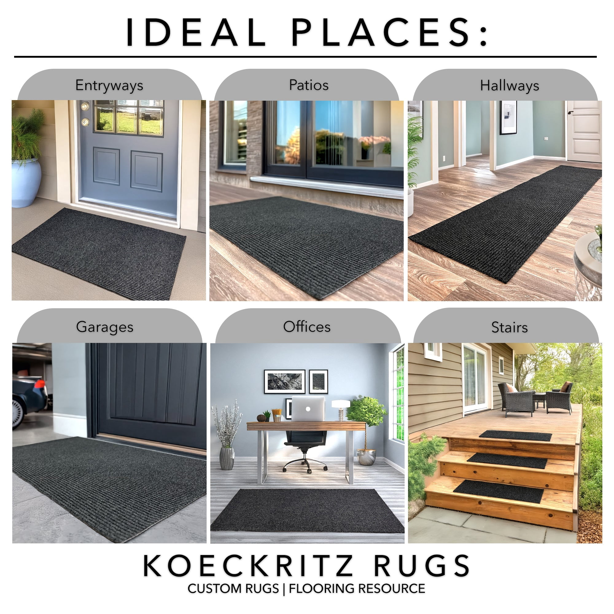 Koeckritz Rugs 4' x 16' Charcoal Heavy Duty Non-Slip Indoor/Outdoor Rug, All-Weather Doormat