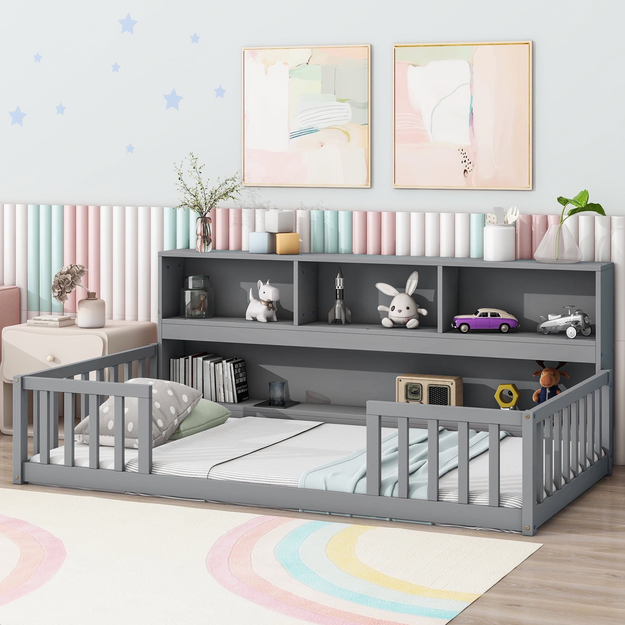 Yoneston Kids Twin Size Floor Bed Frame with Bedside Bookcase Storage Shelves and Guardrails for Toddlers Boys Girls Bedroom Furniture, Gray