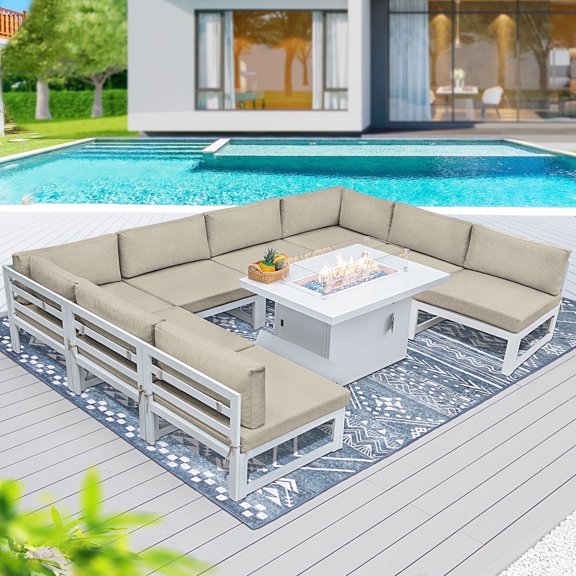 RADIATA 9 Pieces Aluminum Outdoor Patio Sectional Furniture Sofa Set with Fire Pit Table Large Size Luxury Comfortable Durable Water/UV-Resistant for Garden Porch Backyard Party (Beige Cushion)
