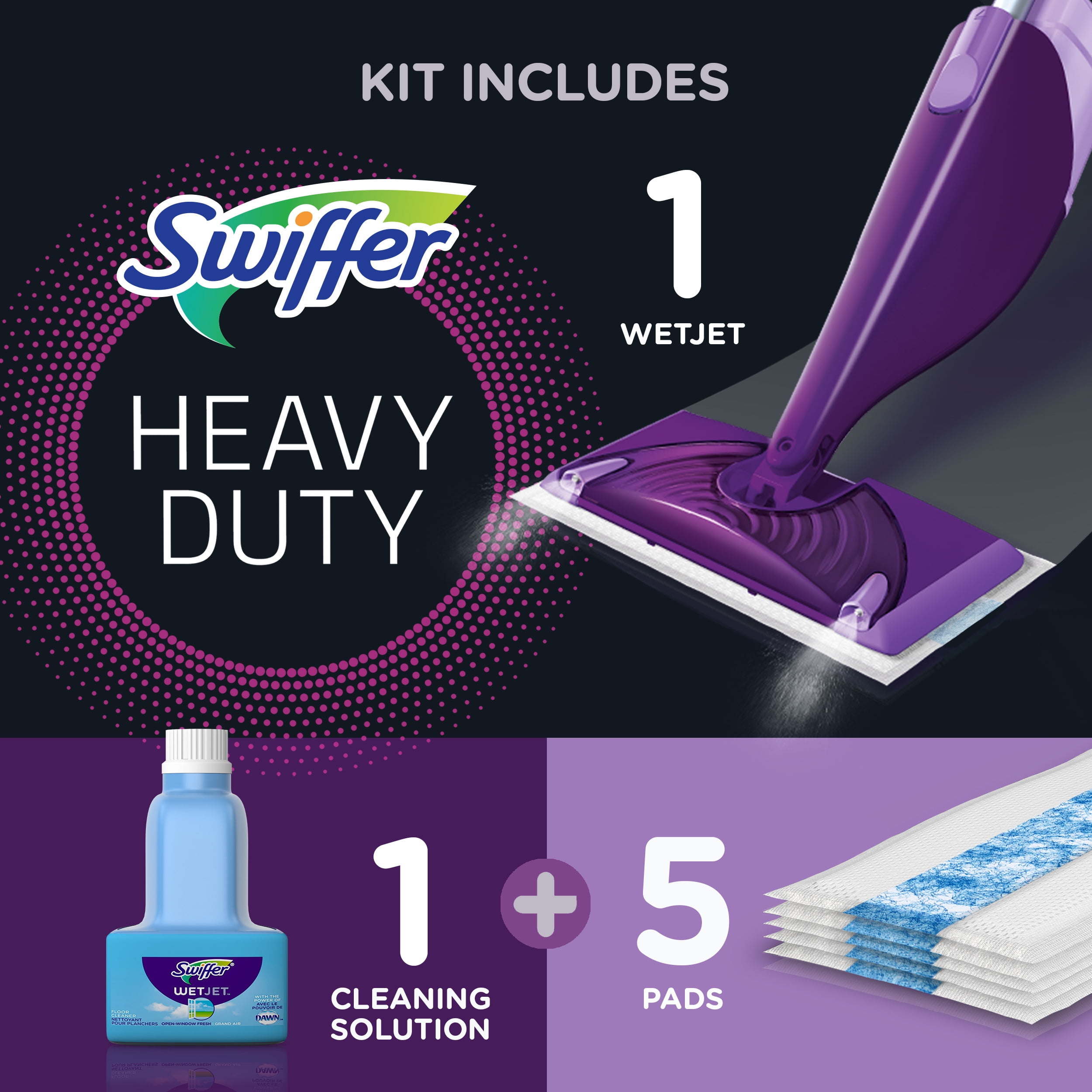 Swiffer WetJet Mop Starter Kit 1 Spray Mop, 5 Mopping Pads, 1 Floor Cleaner  Liquid Solution 16.9 oz