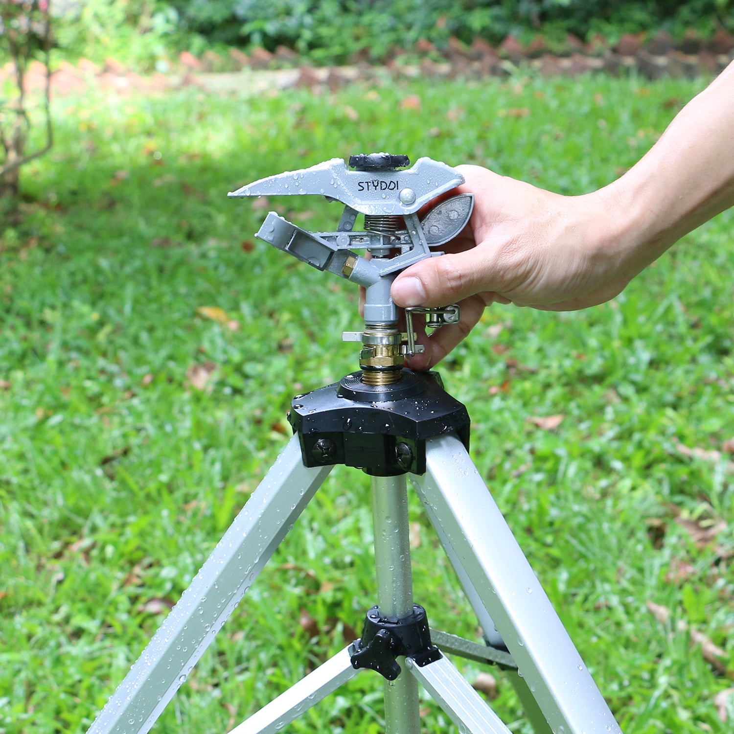 STYDDI Heavy Duty Impact Sprinkler on Tripod Base, Tall Metal Pulsating Telescoping Tripod Sprinkler for Large Area, Yard, Lawn, Garden, Waters up to 70 Ft. Diameter, Legs Extends Up to 36-inch