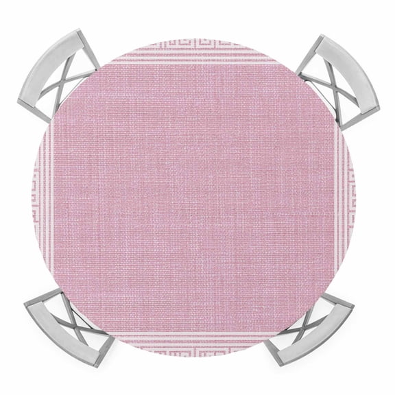 Pink Geometric Round Fitted Tablecloth with Elastic Edge, Waterproof Table Cloth Table Cover for 45"-54" Tables, White Greek Key Design Burlap Modern Art Tablecloths for Dining Picnic Indoor Outdoor