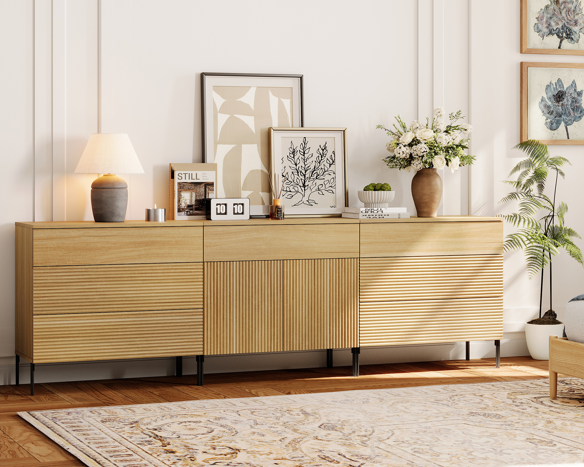 94.5" Modern Reeded 7-Drawer Dresser Set for Bedroom, Minimalist Chest of Drawers with Storage, Wooden Dresser for Living Room, Bedroom, Entryway