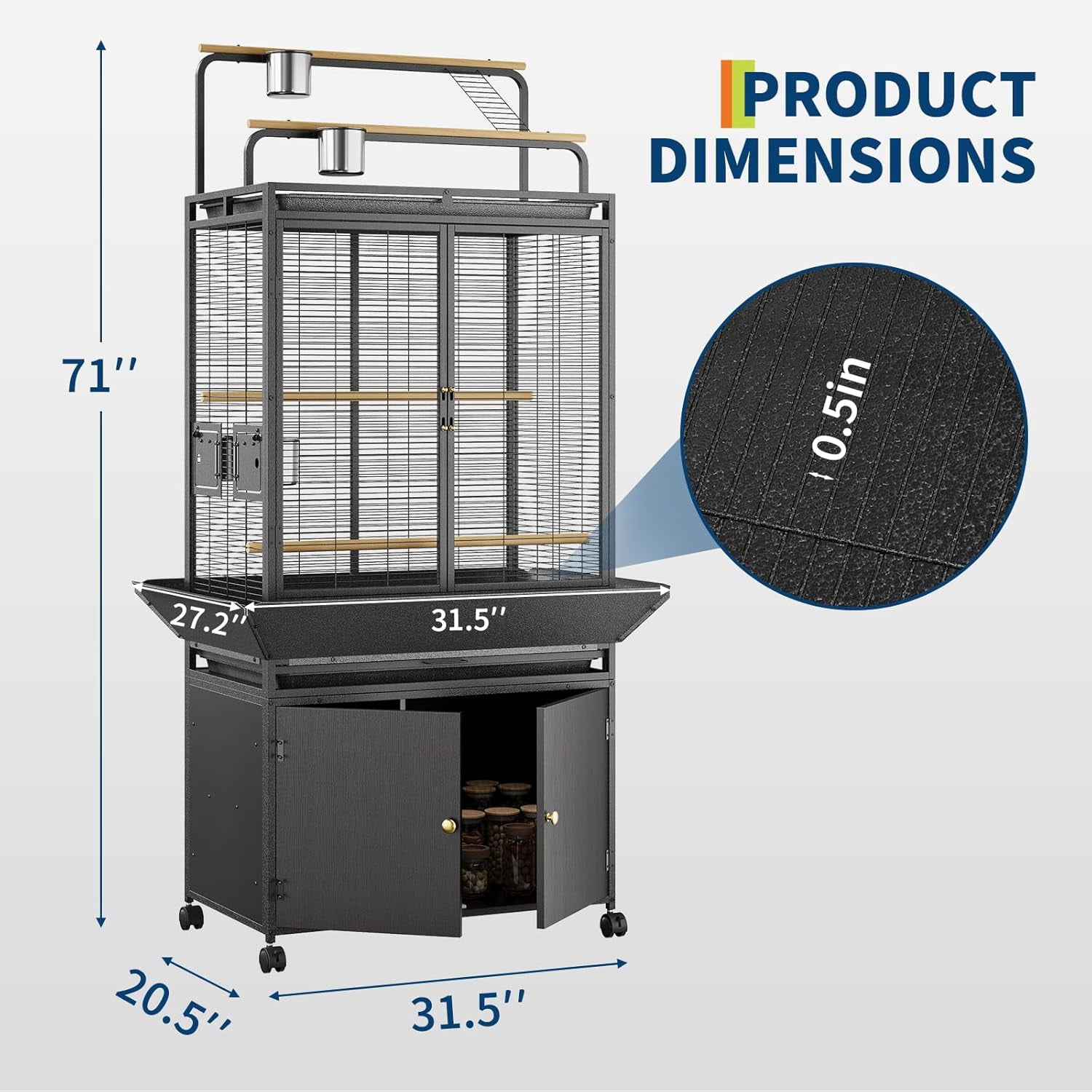 Rugerasy Large Rolling Metal Bird Cage with Play Top,Heavy Duty,Escape-Proof,Easy-Clean Tray,Storage Cabinet,Stand & Wheels,Black