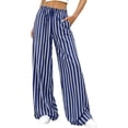 thumbnail image 4 of Dwellite Womens Plus Size Wide Leg Pants Elastic High Waist Striped Casual Palazzo Pants Lounge Trouser with Pockets Blue S, 4 of 5