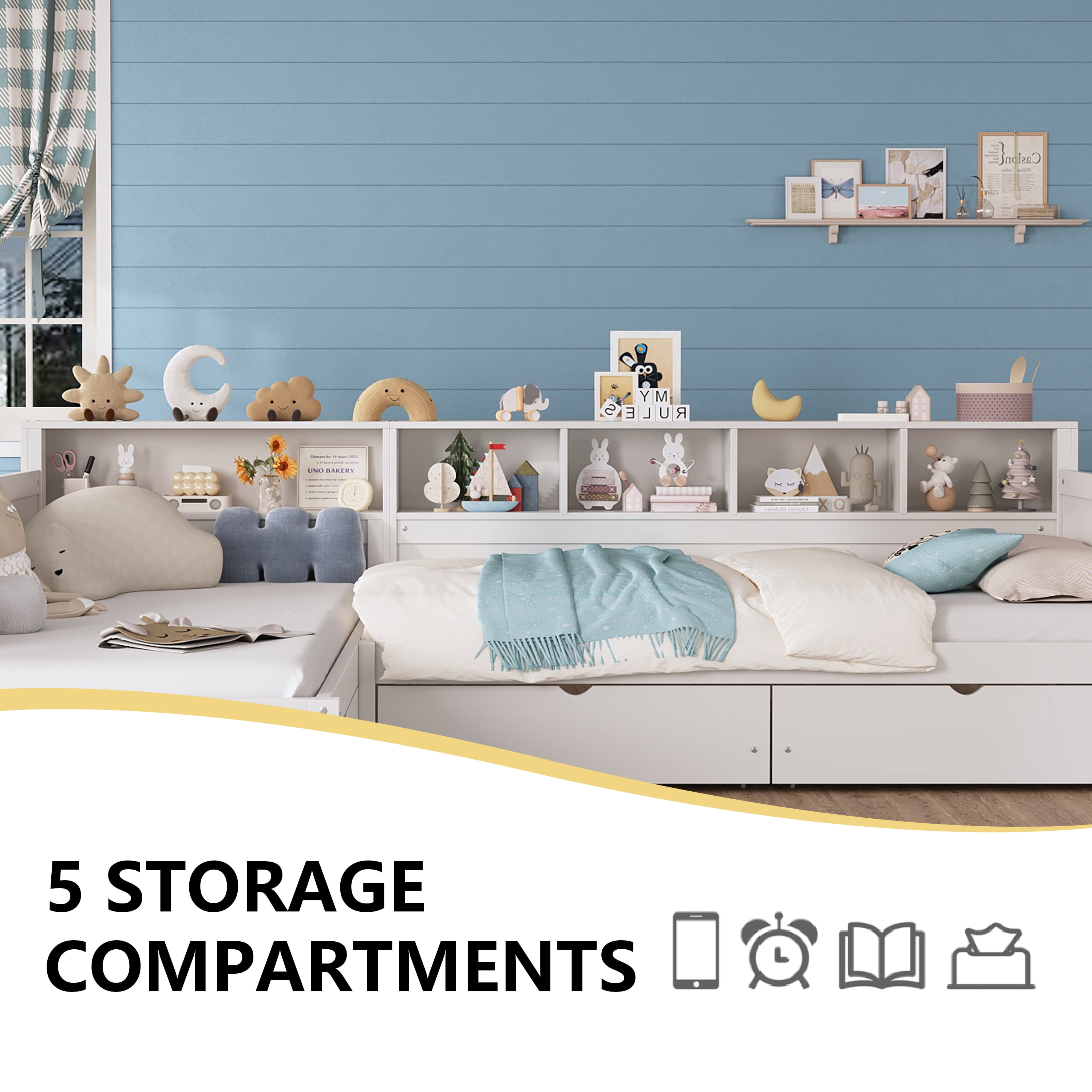 Euroco Wood Twin Size L Shaped Platform Bed with Drawers, Captain Bed with Shelves and Cabinets, 2 Beds in One, White