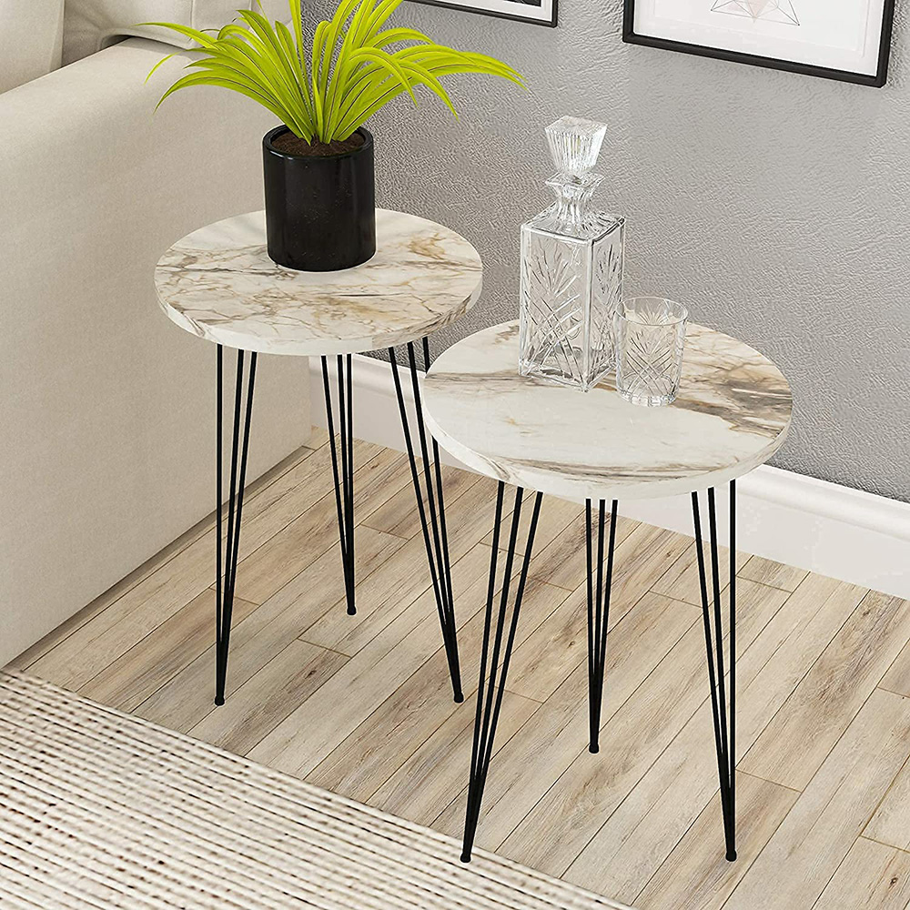Set of 2 white marble end tables Round wooden coffee tables for small