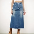 thumbnail image 2 of Women's High Waist A-Line Denim Maxi Skirt with Front Patch Pockets and Raw Hem Detail - Small, Blue, 2 of 7