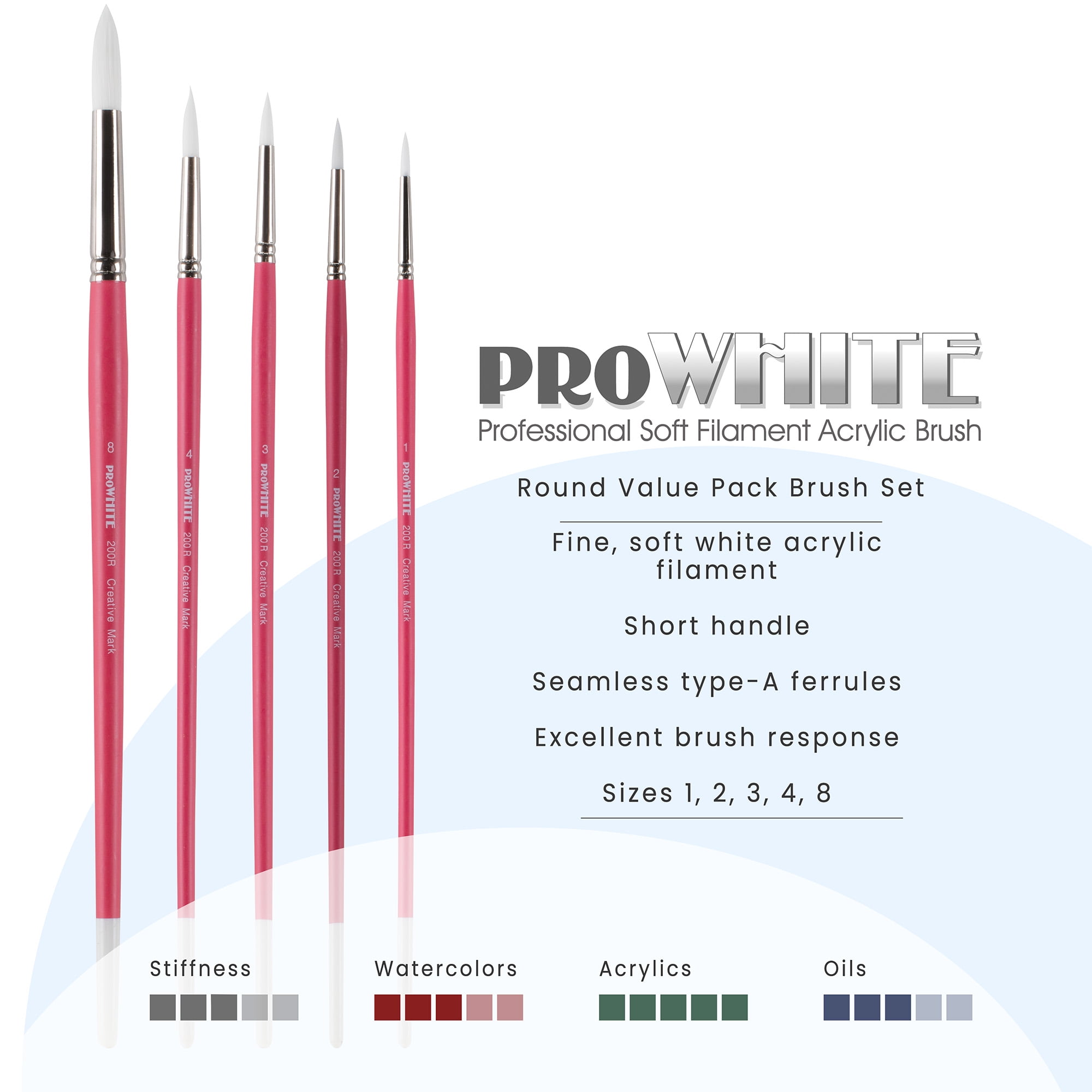 Creative Mark Pro White Soft Filament Acrylic Paint Brushes - Assorted Round Set of 5 - Seamless Ferrule - Short Wood Handle Brushes for Acrylic Painting Acrylic Gouache, Oils & Casein