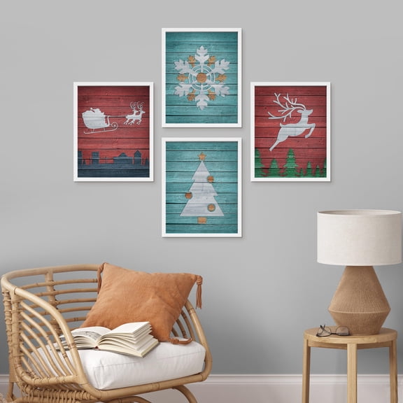 PixonSign Framed Wall Art Christmas Celebrations & Holidays Posters, Set of 4 White Tree, Snowflakes, Deer Illustrations Wall Decor, Adhesive Canvas Prints for Home Decor - 12"x16" White