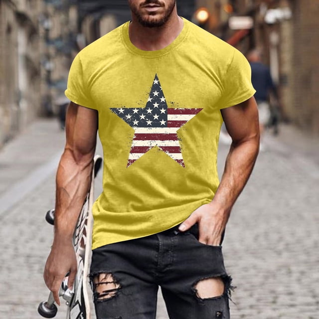 Tops para hombre, blusas y camisas de cuello redondo y manga corta para hombre, camiseta de cuello redondo y manga corta con estampado de la bandera del Día de la Independencia de Estados Unidos para