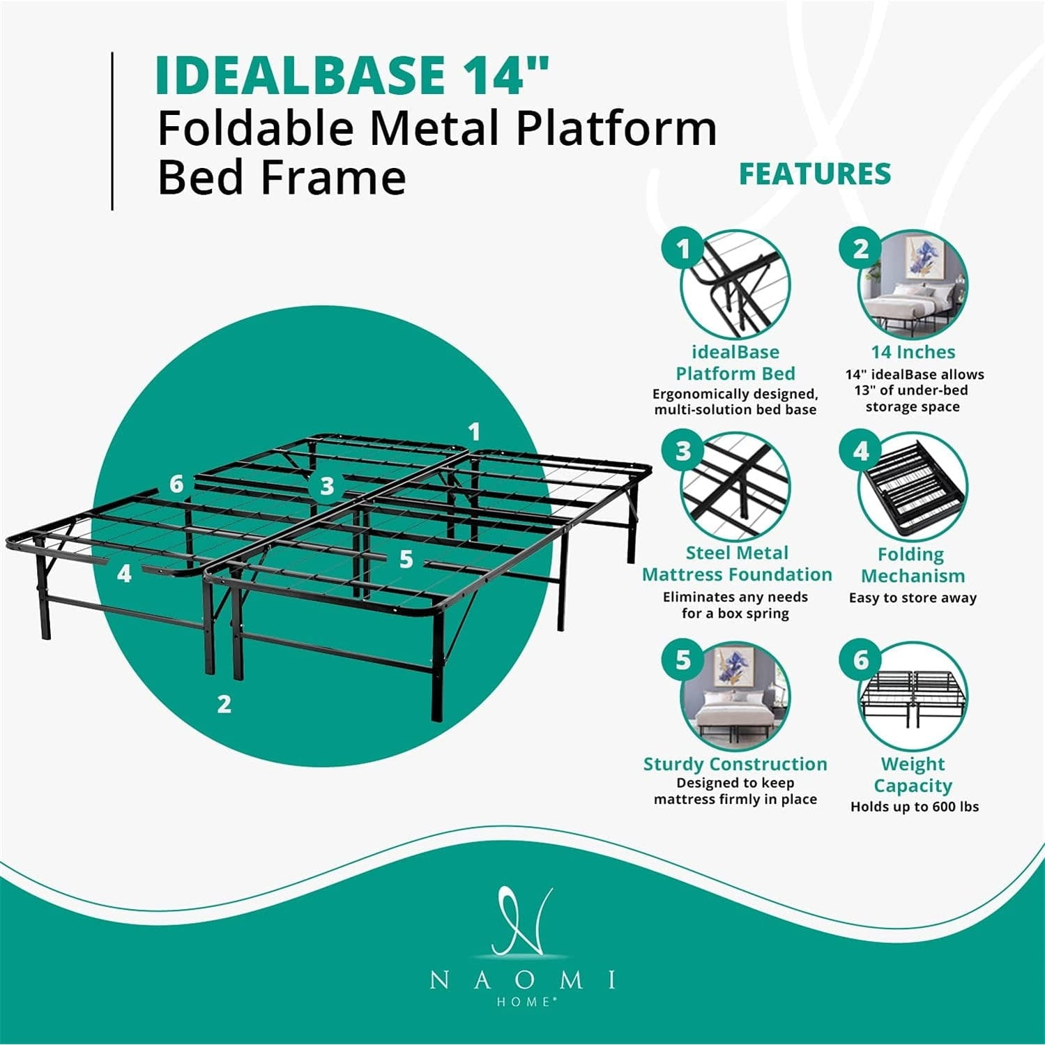 idealBase 14" Foldable Metal Platform Bed Frame Mattress Foundation with Box Spring Replacement White Queen White