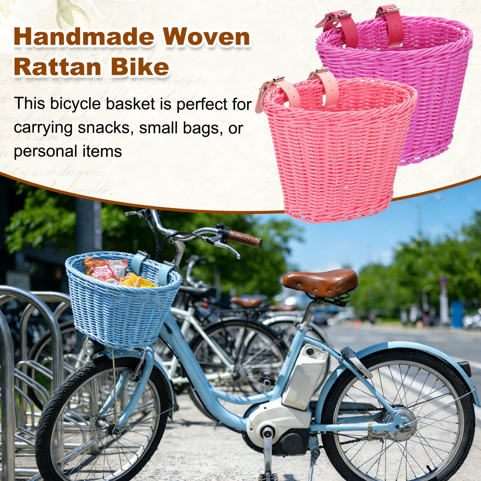 Uxcell Bike Basket Front, Hand-Woven Bicycle Basket with Adjustable PU Belts 2 Pack & Fuchsia, Pink-Fitting For(Most Road Bikes, Bicycles/Scooters)
