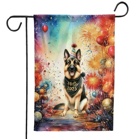 Hello 2025 German Shepherd Celebrates Happy New Year Firework Balloon Garden Flag 12x18in Double Sided Alsatian Dog Lover Gifts Outdoor Decor - 02024