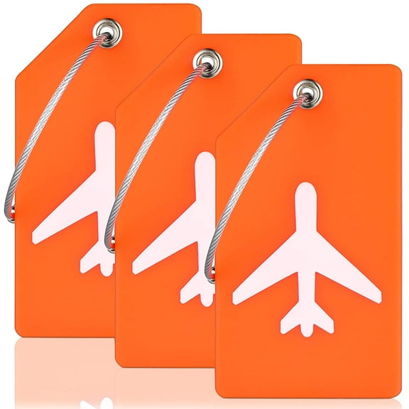 "3 Pieces Silicone Luggage Tags Flexible Baggage Tags Bright Orange Bag Tags with Name ID Card Stainless Steel Loops for Travel Bag Suitcase"