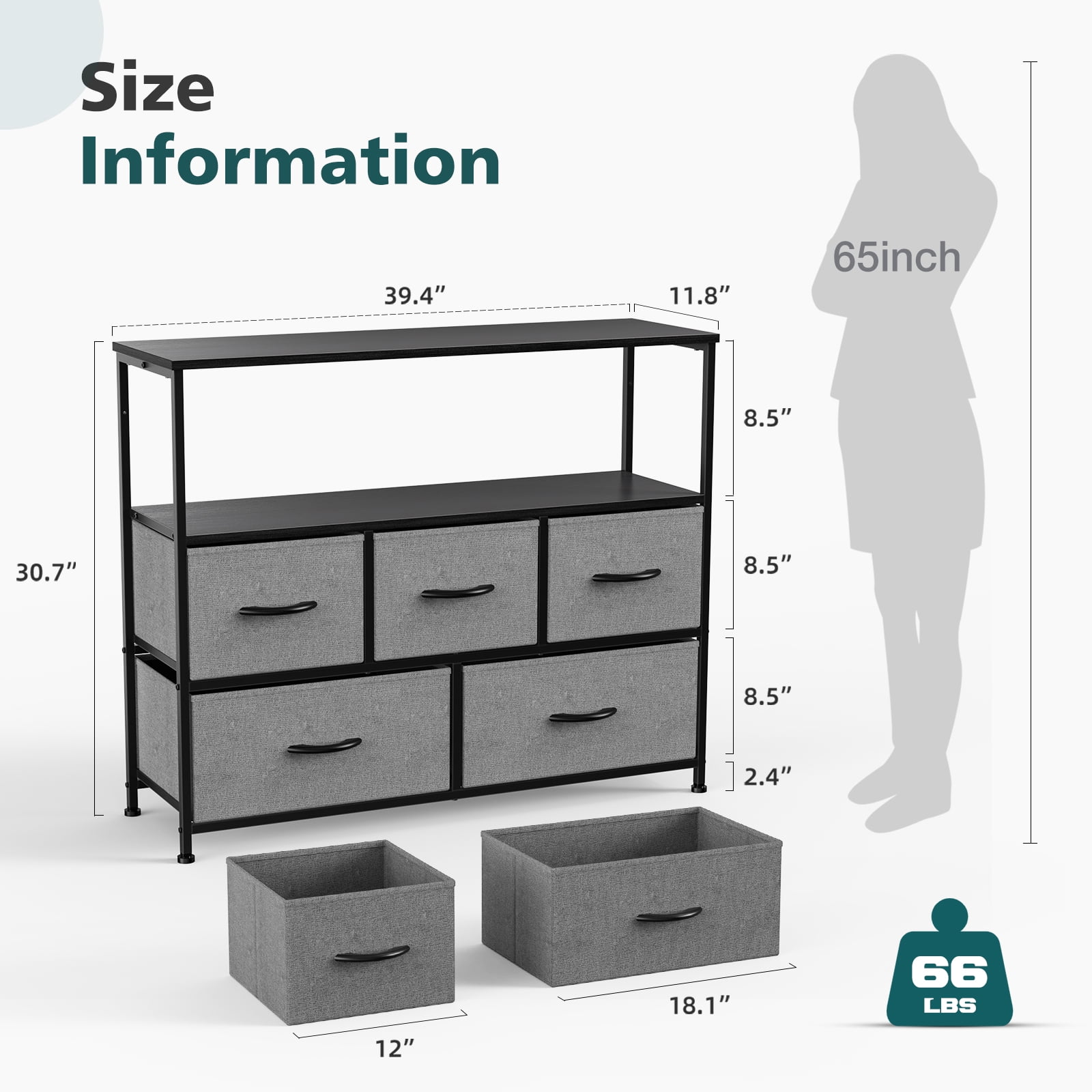 Aukfa 5 Drawer Dresser,Wide Chest of Drawers for Bedroom with Metal Frame for TV,Gray