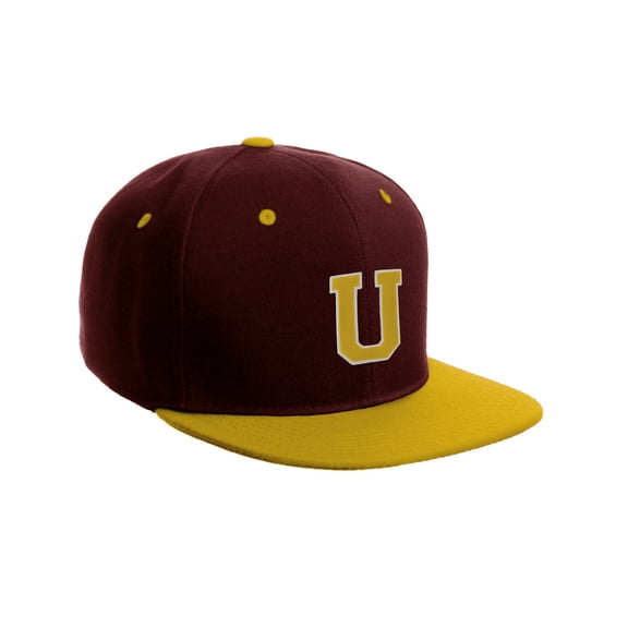 Classic Snapback Hat Custom A to Z Initial Letters, Burgundy Gold Cap White Gold Letter Initial U