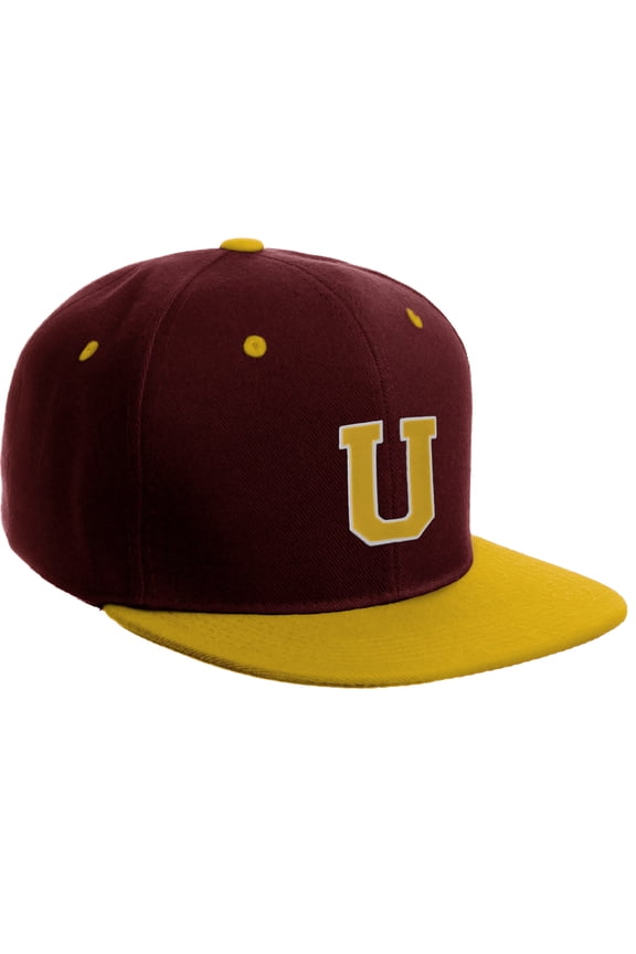 Classic Snapback Hat Custom A to Z Initial Letters, Burgundy Gold Cap White Gold Letter Initial U