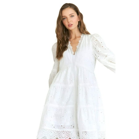 ADORA Lace Detail Tiered Eyelet V-Neck Babydoll Dress