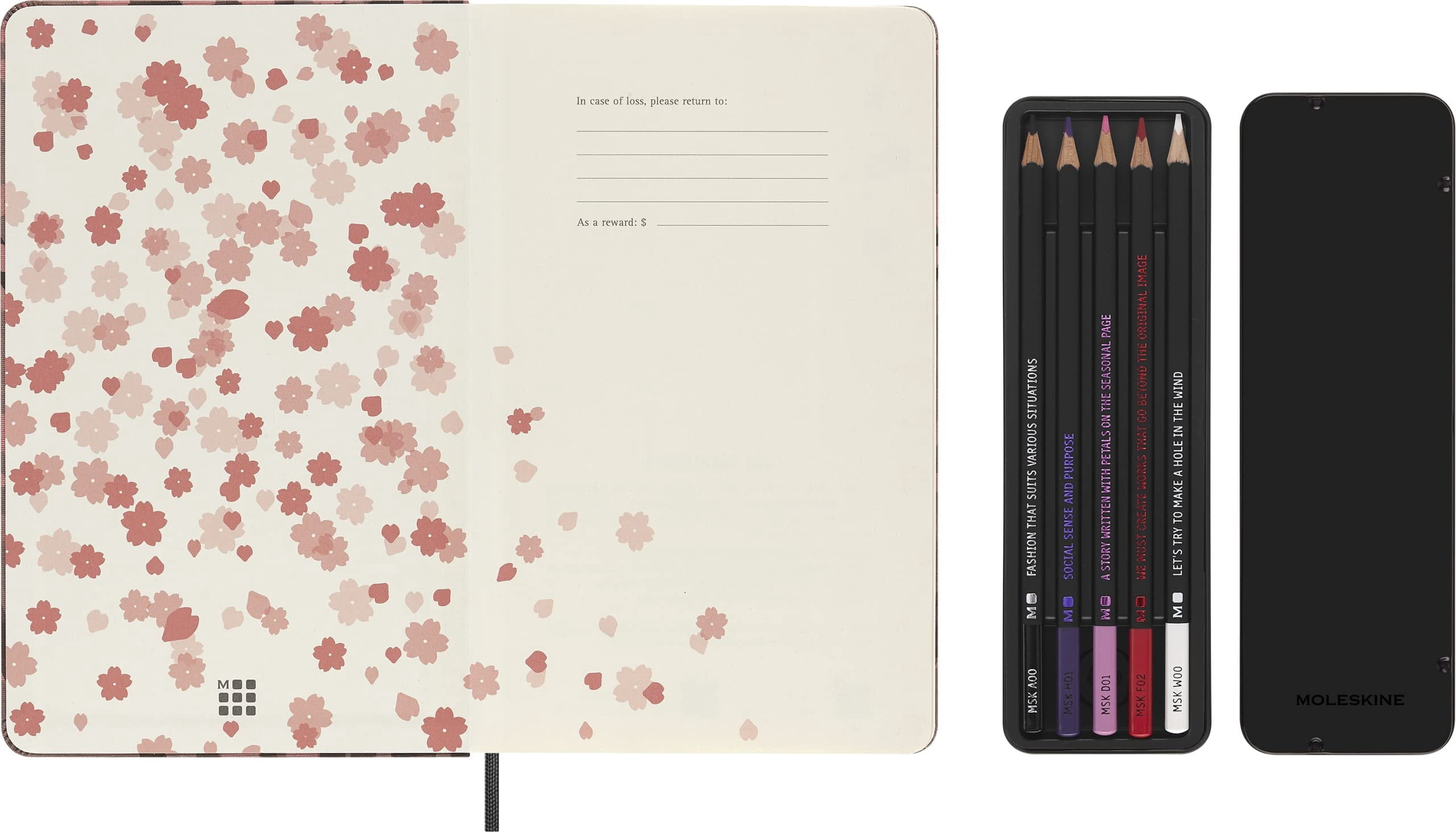 Moleskine Limited Edition Sakura Creative Set, Notebook and Pencils, Hard Cover, Large 5" x 8.25", Plain/Blank, Floral, 176 Pages